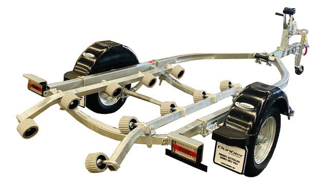 Dunbier Sports Series boat trailer with galvanised frame and carpet pads for smooth, stable boat transport in Tasmania