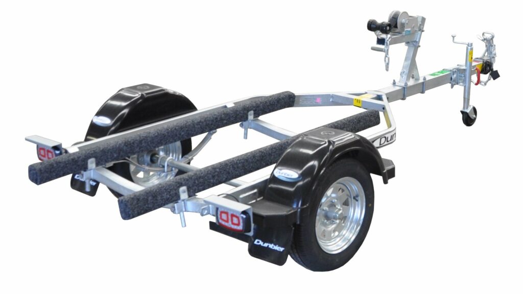 Dunbier Sports Series boat trailer with carpet pads and galvanised frame for smooth and secure boat transport in Tasmania