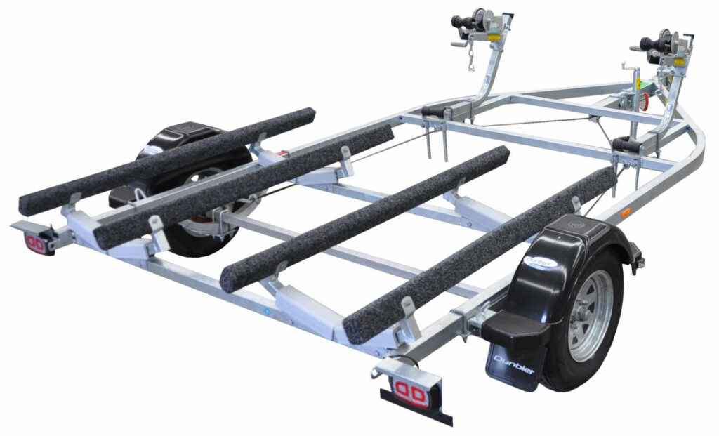 Dunbier Sports Series boat trailer with galvanised frame and carpet pads for smooth and secure boat transport in Tasmania