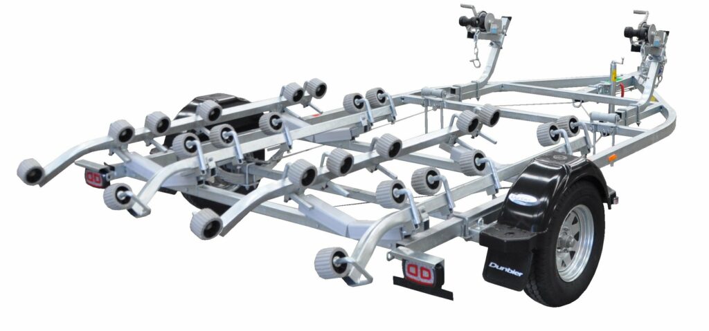 Dunbier Sports Series boat trailer with carpet pads designed for smooth and secure boat transport in Tasmania