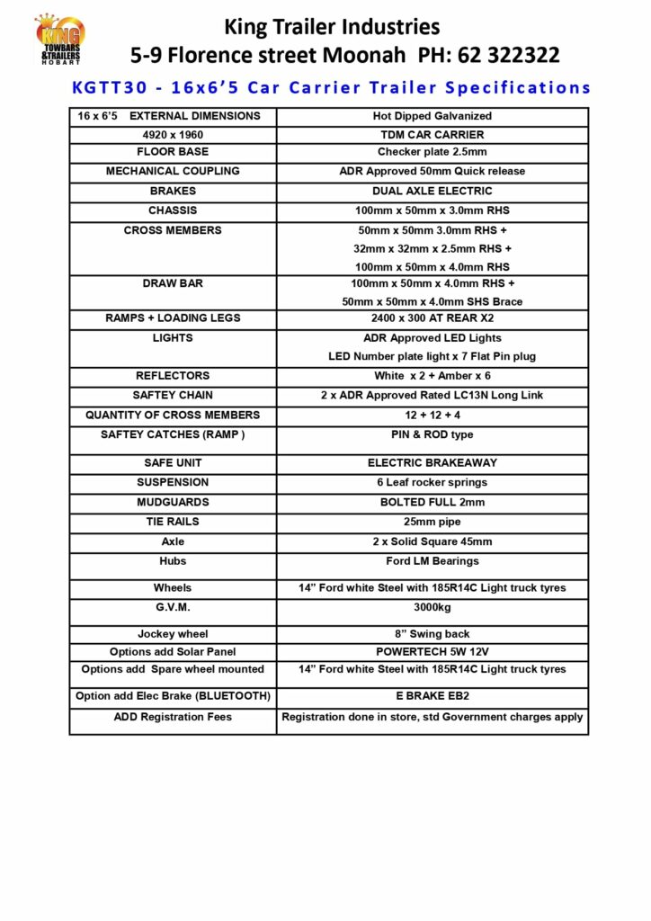 Galvanised 16x6.5 car carrier trailer with tandem axle, loading ramps and heavy duty frame for secure vehicle transport in Tasmania