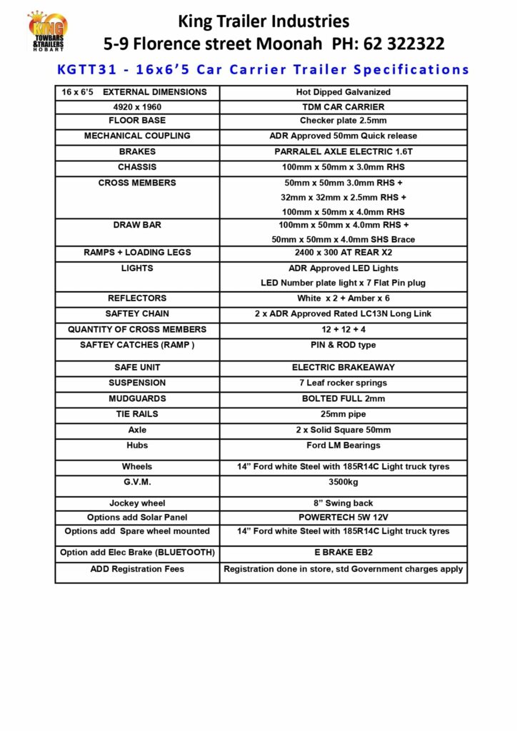 Galvanised 16x6.5 car carrier trailer with tandem axle and heavy duty frame for safe vehicle transport in Tasmania