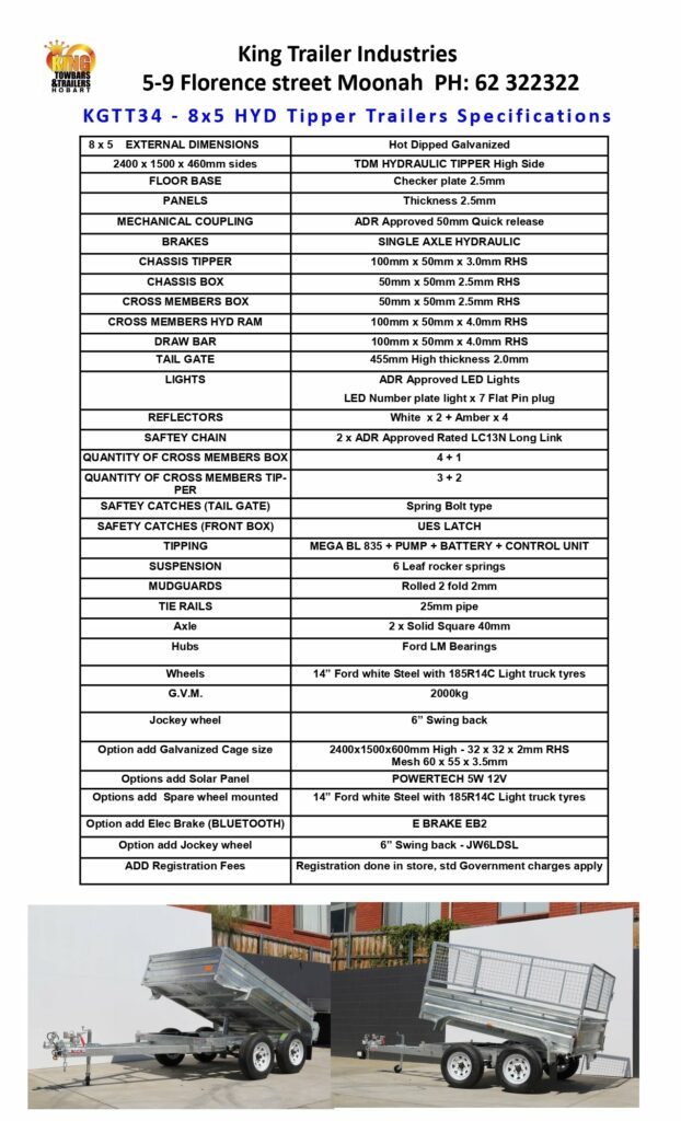 Galvanised 8x5 hydraulic tipper trailer with tandem axle, heavy duty chassis and hydraulic lift for reliable transport in Tasmania
