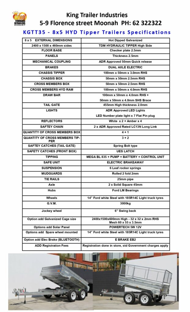 Galvanised 8x5 hydraulic tipper trailer with tandem axle and heavy duty frame for reliable transport in Tasmania