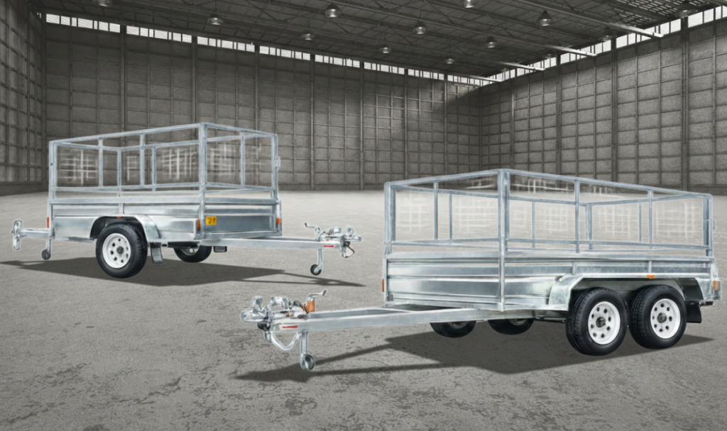 Two galvanized utility trailers displayed in a spacious industrial setting, highlighting their sturdy construction and practical design for hauling goods.