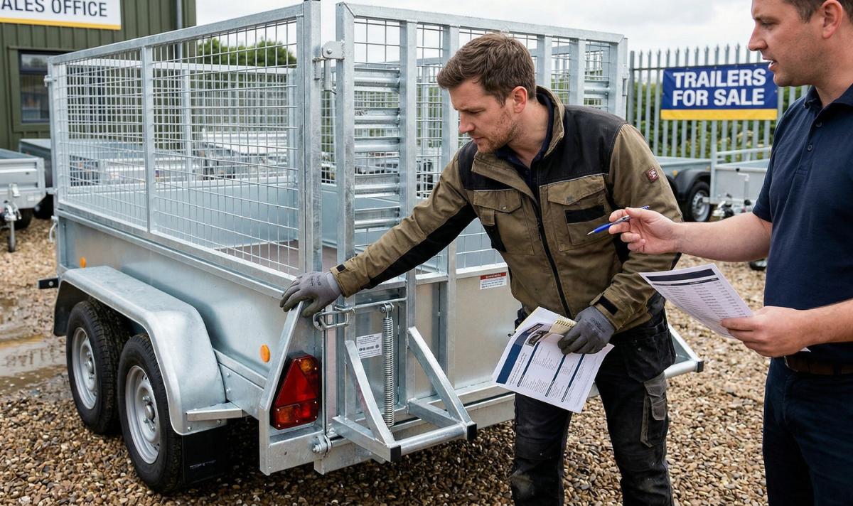Two men discussing a trailer for sale at a dealership, with one examining the trailer's features while holding inspection documents. The setting includes multiple trailers in the background, showcasing a variety of options available for purchase.